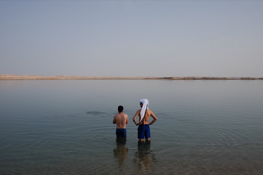 Me and Jake, wading into the Inland Sea. That's Saudi Arabia on the other side of the water, just 1,500 feet away.