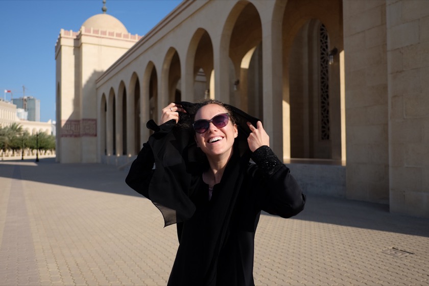 Rachael wore her abaya and hijab at the mosque and at the Saudi border crossings.