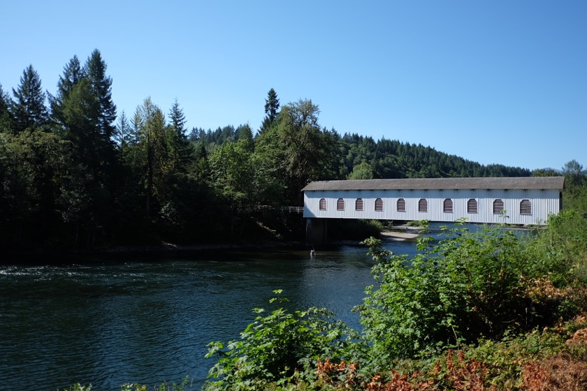 A covered bridge over the McKenzie River.